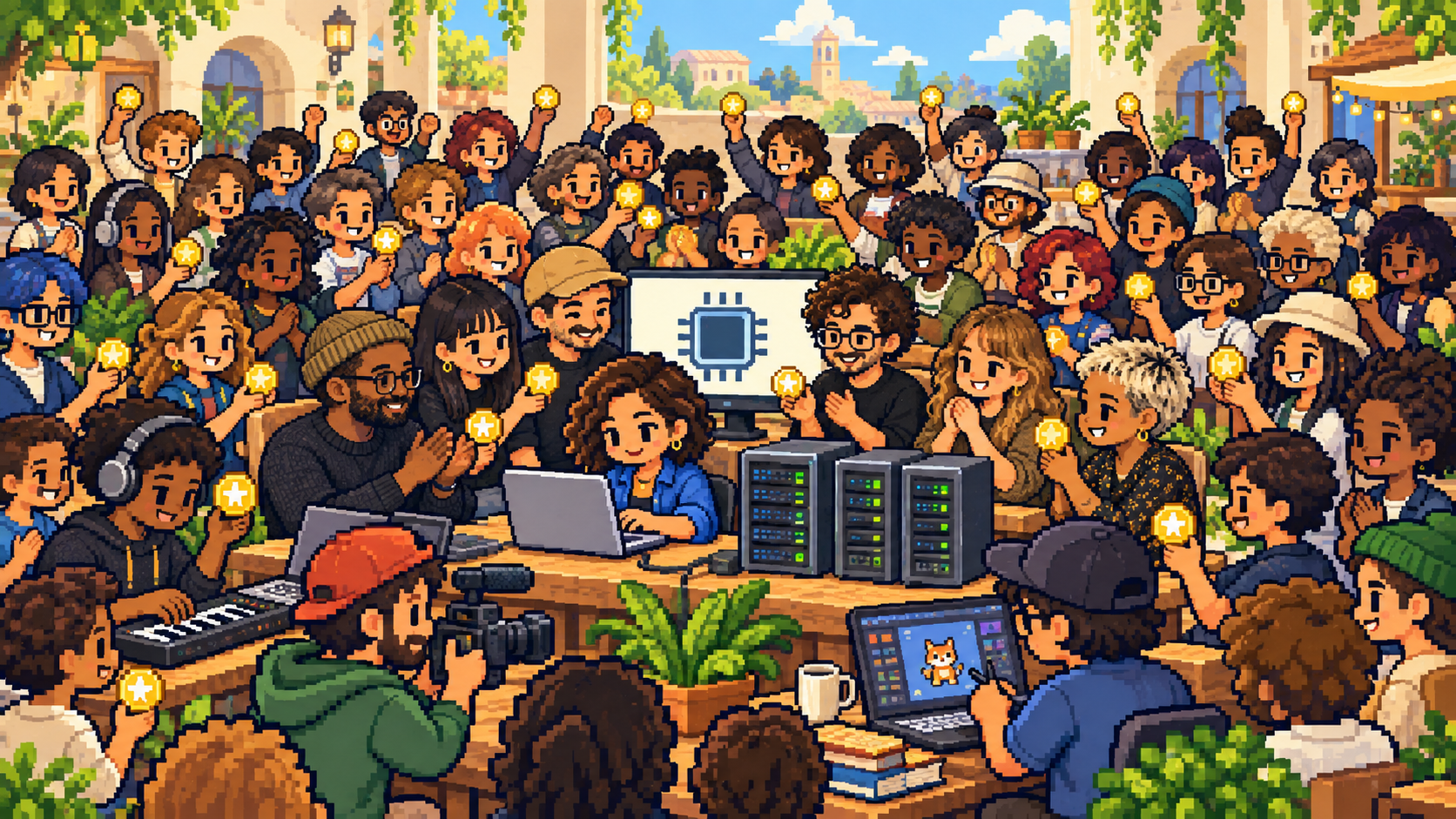 A crowd of pixel-art characters gathering around a maker and cheering on their work.