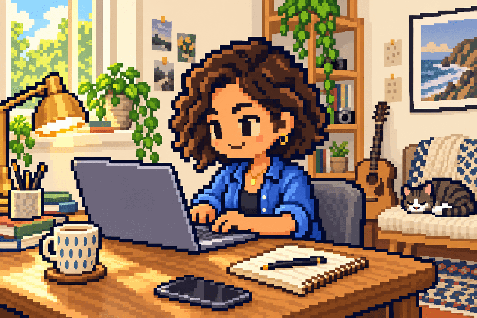 A pixel-art maker building at a sunny desk, with a cat nearby.