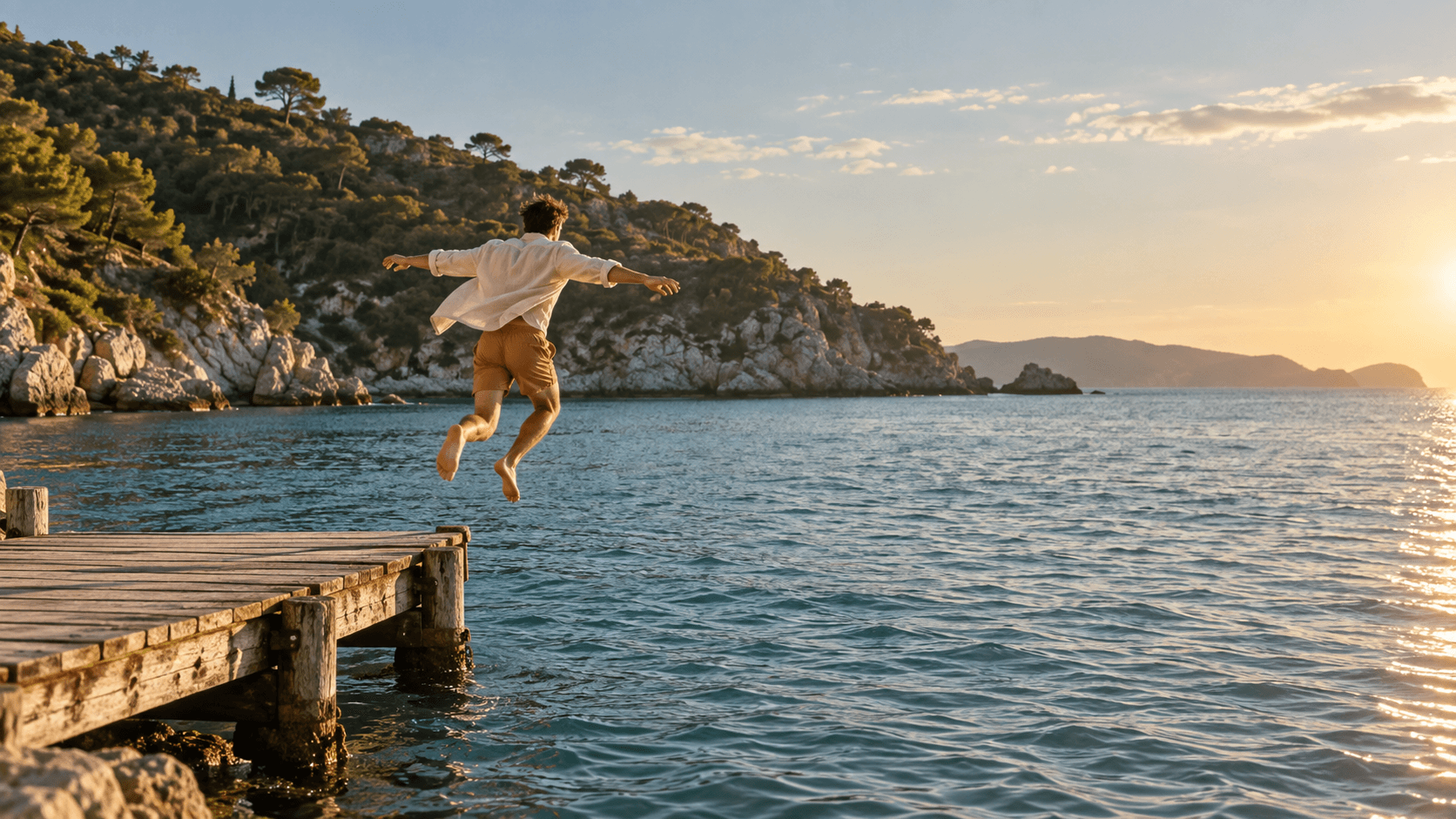 An unnamed film character leaping above a sunlit coastline.